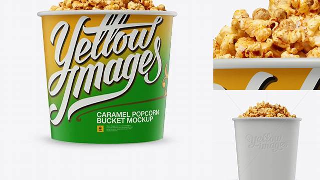 2516+ Large Matte Caramel Popcorn Bucket PSD Mockup Eye-Level Shot Versatile and Modern PSD Mockup