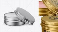 2523+ Metallic Lip Balm Tin PSD Mockup Front View High-Angle Shot Fully Editable Photoshop PSD Free Download