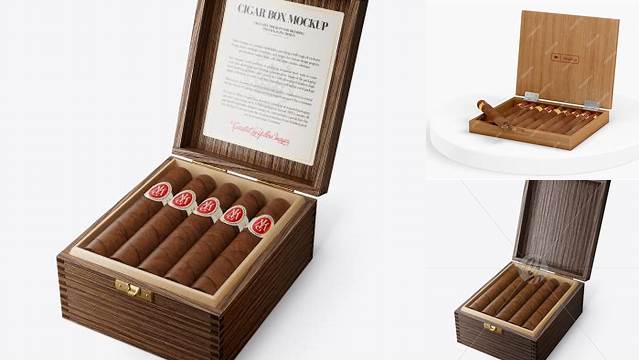 2532+ Opened Wooden Cigar Box PSD Mockup Front View High Angle Shot Exclusive Free Creative Resource