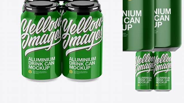 2547+ Pack with 4 Glossy Cans with Plastic Holder PSD Mockup Half Side View High-Angle Shot Creative PSD Resources