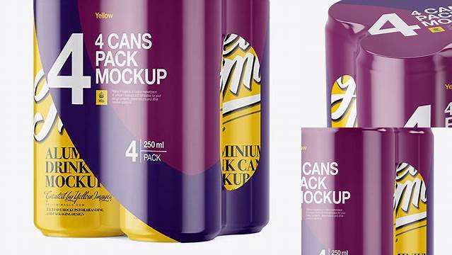 2593+ 4 Glossy Cans in Shrink Wrap PSD Mockup Half Side View High Angle Shot Professional Editable Freebie PSD