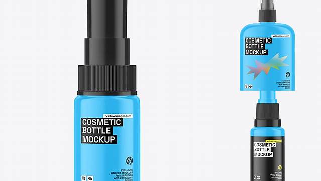 2615+ Glossy Cosmetic Spray Bottle PSD Mockup Front View Creative Free Photoshop Template