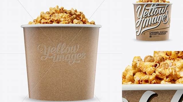 2615+ Large Kraft Caramel Popcorn Bucket PSD Mockup Eye-Level Shot Fully Editable PSD Template