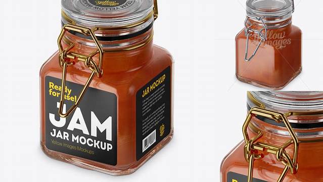 2626+ 100ml Glass Apricot Jam Jar with Clamp Lid PSD Mockup Halfside View Free Premium Photoshop Template Download