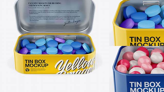 2672+ Opened Glossy Tin Box With Candies PSD Mockup Front View High-Angle Shot High-Quality Design Free PSD