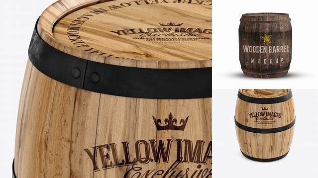 2687+ Wooden Barrel PSD Mockup Front View High-Angle Shot Elegant and Stylish Mockup