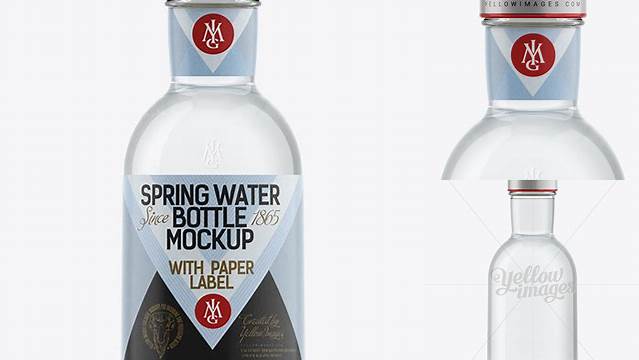 2695+ Clear Glass Spring Water Bottle with Paper Label PSD Mockup Smart Object PSD Template