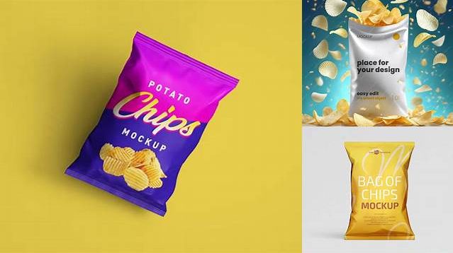 2706+ Matte Plastic Bag With Corrugated Potato Chips PSD Mockup Exclusive PSD Design Freebie