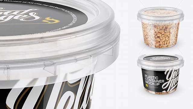 2708+ Plastic Container with Peanuts PSD Mockup Front View High-Angle Shot Editable Graphic Design Files