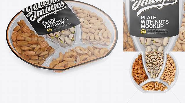 2723+ Plate with Nuts in Matte Film PSD Mockup Half Side View High Angle Shot High-Quality Editable PSD