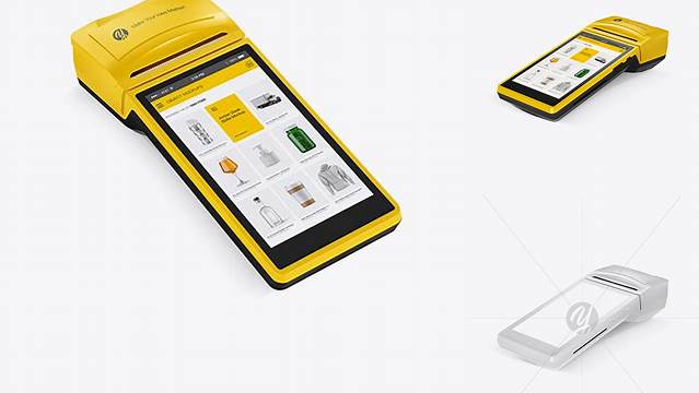 2735+ Mobile Payment Terminal PSD Mockup Half Side View High-Angle Shot Custom Design Freebie PSD