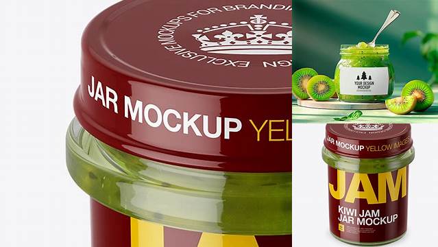 2736+ Glass Kiwi Jam Jar PSD Mockup High-Angle Shot Free Downloadable Graphic Resource