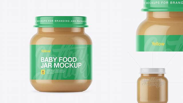 2747+ Baby Food Apple Puree Small Jar PSD Mockup Front View Creative Design Mockup