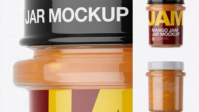 2757+ Glass Jar With Mango Jam PSD Mockup Eye-Level Shot Free PSD Mockup Resource