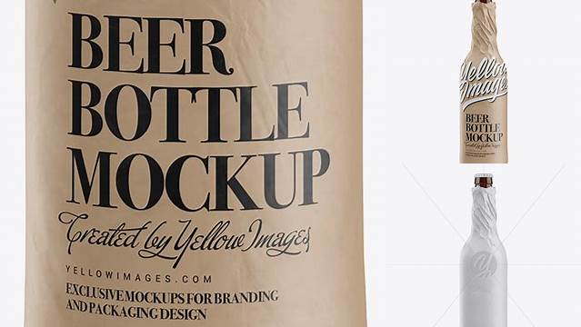 2772+ Amber Beer Bottle Wrapped in Matte Paper PSD Mockup Editable and Customizable PSD