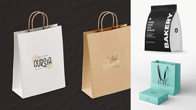 2772+ Matte Paper Bag With Boxes PSD Mockup Half Side View Editable Photoshop File