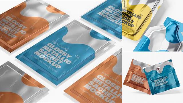 2775+ Glossy Metallic Sachet PSD Mockup Front View Free Premium Photoshop Template Download