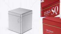 278+ Matte Metallic Square Tin Box PSD Mockup Half Side View High-Angle Shot Custom Graphic Resource Free Download