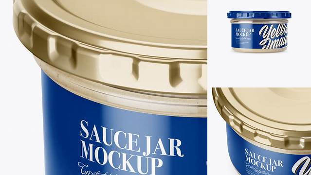 2835+ Clear Glass Cesar Sauce Jar PSD Mockup High-Angle Shot Premium Mockup Freebie