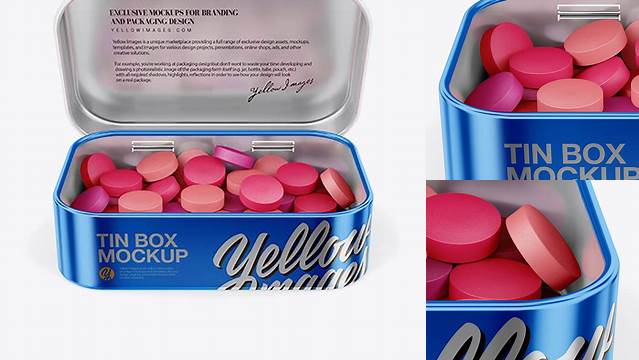 2851+ Opened Metallic Tin Box With Candies PSD Mockup Front View High-Angle Shot Free Mockup PSD Template