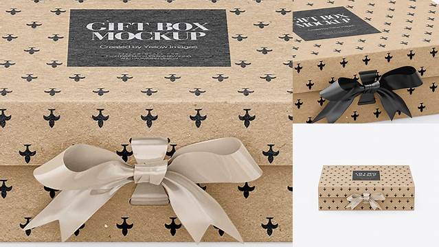 2873+ Kraft Gift Box With Bow PSD Mockup Front View High-Angle Shot Downloadable PSD Design Template