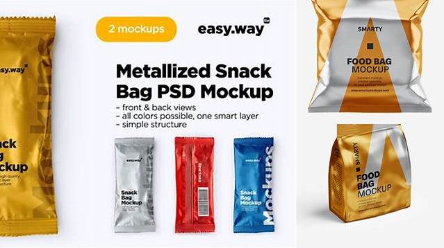 2879+ Metallic Snack Bag PSD Mockup Back View Stylish Free PSD