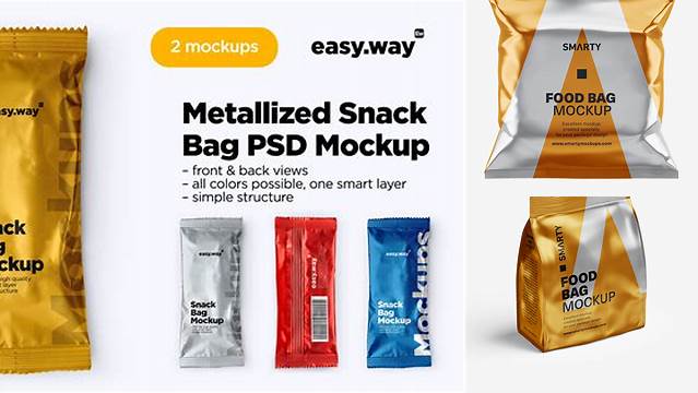 2879+ Metallic Snack Bag PSD Mockup Back View Stylish Free PSD