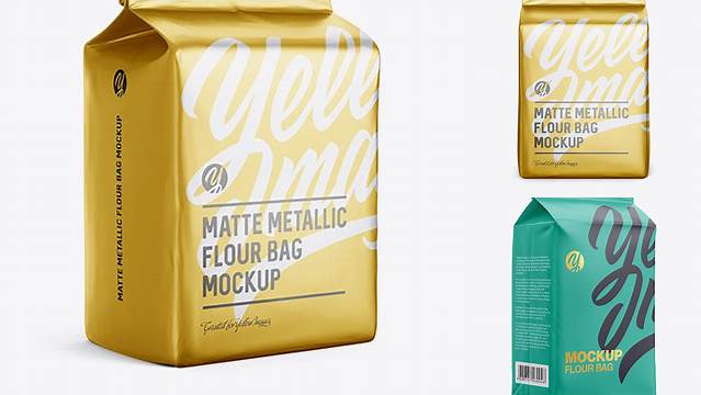 2892+ Matte Metallic Flour Bag PSD Mockup Halfside View Eye-Level Shot Fully Editable PSD Template