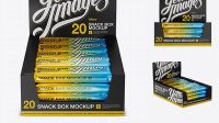 2895+ 20 Matte Metallic Snack Bars Display Box PSD Mockup Front View High-Angle Shot Smart Object Free Photoshop File