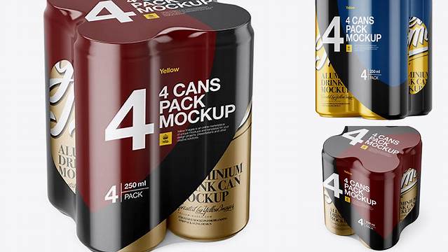 2943+ 4 Metallic Cans in Shrink Wrap PSD Mockup Half Side View High Angle Shot Elegant High-Resolution Design File