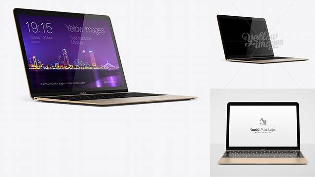 2949+ Apple MacBook Gold PSD Mockup 3/4 Left View Professional PSD Mockup