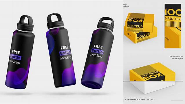 2965+ Metallic Plastic Bottle with Paper Box PSD Mockup Free PSD for Creatives