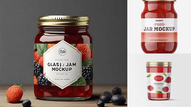 2967+ Clear Jar with Red Jam PSD Mockup High Angle Shot Smart Object-Based PSD Template Free