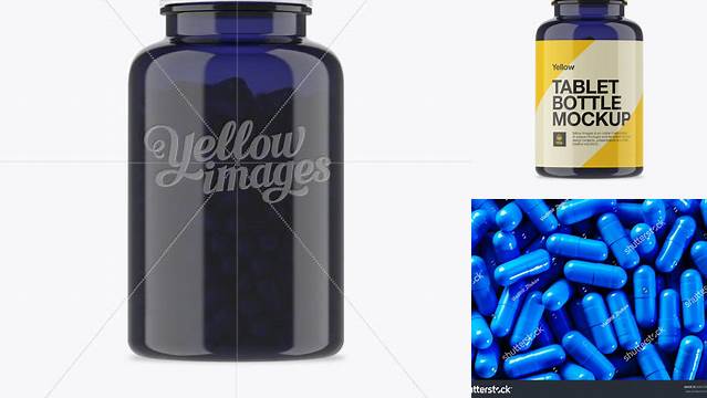 2973+ Dark Blue Pills Bottle With Glossy Cap & Label PSD Mockup Elegant and Stylish Mockup