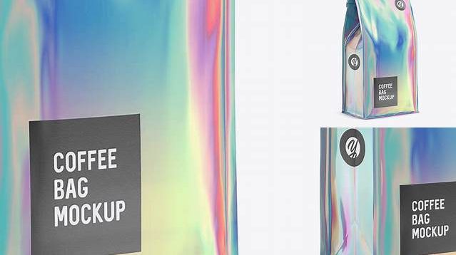 2977+ Holographic Foil Coffee Bag with a Tin-Tie PSD Mockup Halfside View High-End PSD Download