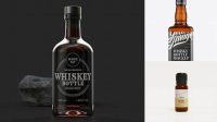 2978+ Amber Bottle with Whiskey PSD Mockup Front View Download Premium PSD Resource