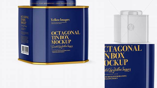 2991+ Glossy Octagonal Tin Box PSD Mockup Half Side View Fully Editable PSD Template