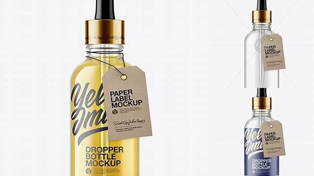 2998+ 50ml Clear Glass Dropper Bottle with Kraft Label PSD Mockup Unique and Editable PSD