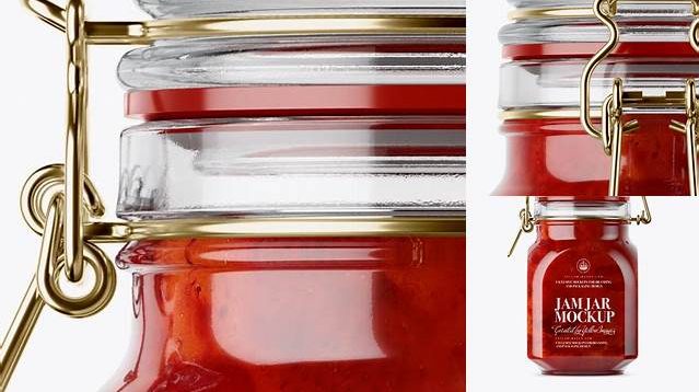 2999+ 900ml Strawberry Jam Glass Jar with Clamp Lid PSD Mockup Front View Eye-Level Shot Smart PNG Image