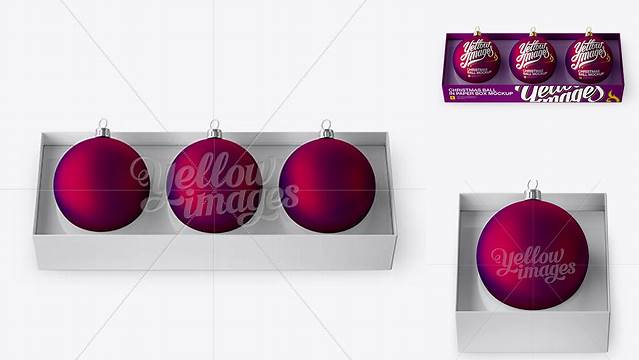 3009+ Three Matte Purple Christmas Balls in Paper Box PSD Mockup High-Angle Shot Digital Download