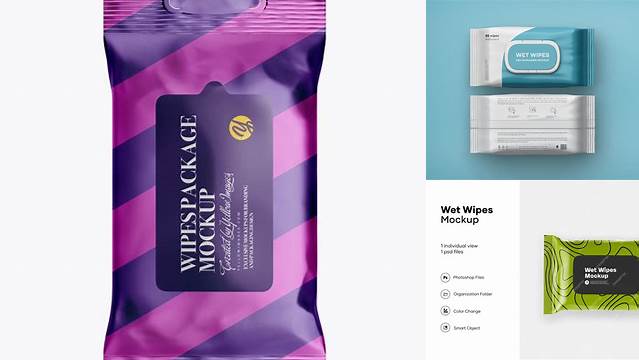 303+ Matte Metallic Wet Wipes Pack PSD Mockup Front View High-Resolution Graphic