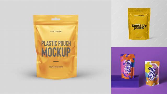 3031+ Stand Up Matte Pouch with Sticker PSD Mockup Front View Download Customizable PSD