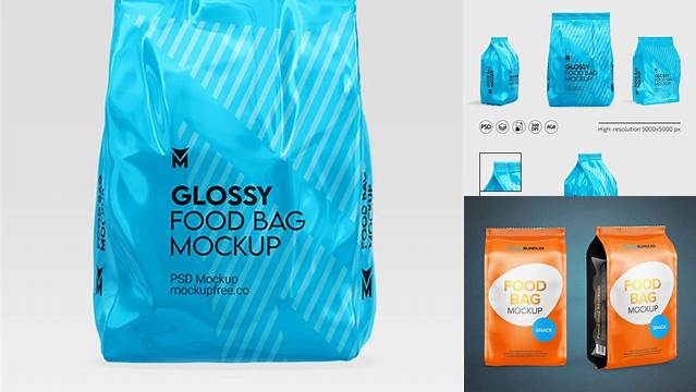 3032+ Glossy Food Bag PSD Mockup Front View Easy-to-Edit PSD