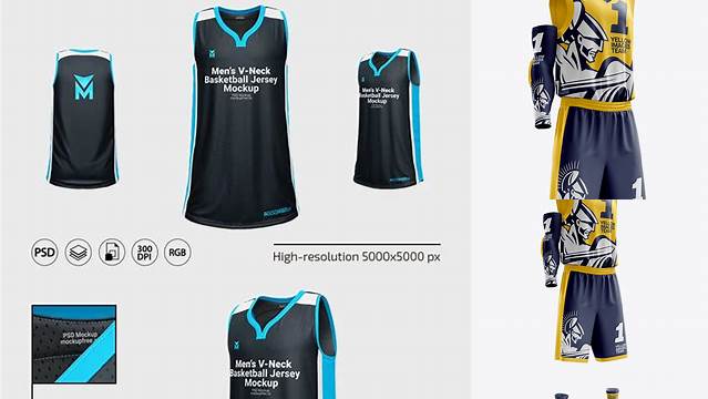 3034+ Full Basketball Kit with V-Neck Tank Top PSD Mockup Half-Turned View Creative Free Photoshop Template