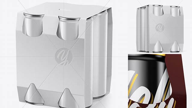 3063+ Carton Carrier with 4 Glossy Cans PSD Mockup Half Side View Photoshop PSD Free for Designers