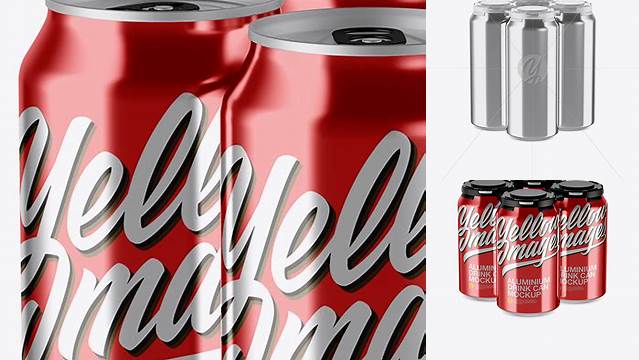 3089+ Pack with 4 Metallic Cans with Plastic Holder PSD Mockup Half Side View High-Angle Shot Download Customizable PSD