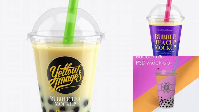 309+ Banana Bubble Tea Cup PSD Mockup High-Angle View Editable Design PSD File