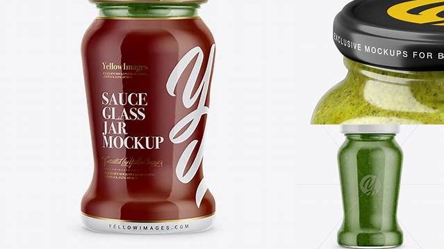 3090+ 120g Glass Jar in Shrink Sleeve with Pesto Sauce PSD Mockup Downloadable PSD Design Template