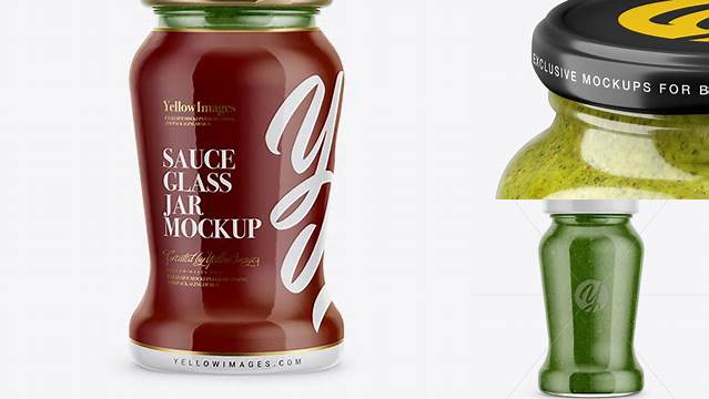 3090+ 120g Glass Jar in Shrink Sleeve with Pesto Sauce PSD Mockup Downloadable PSD Design Template