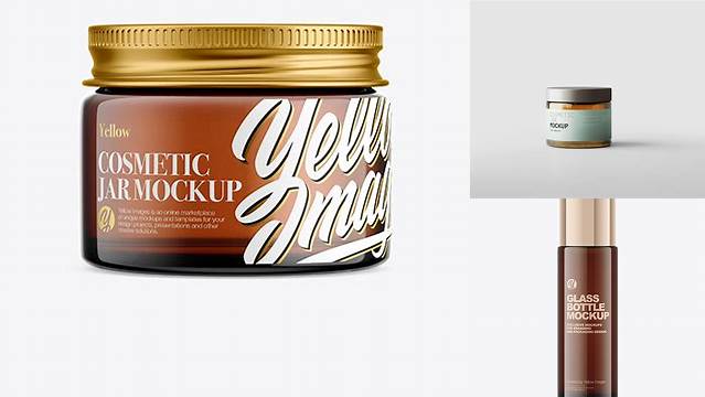 313+ Amber Glass Cosmetic Jar with Metallic Cap PSD Mockup Front View Smart Editable Design Mockup